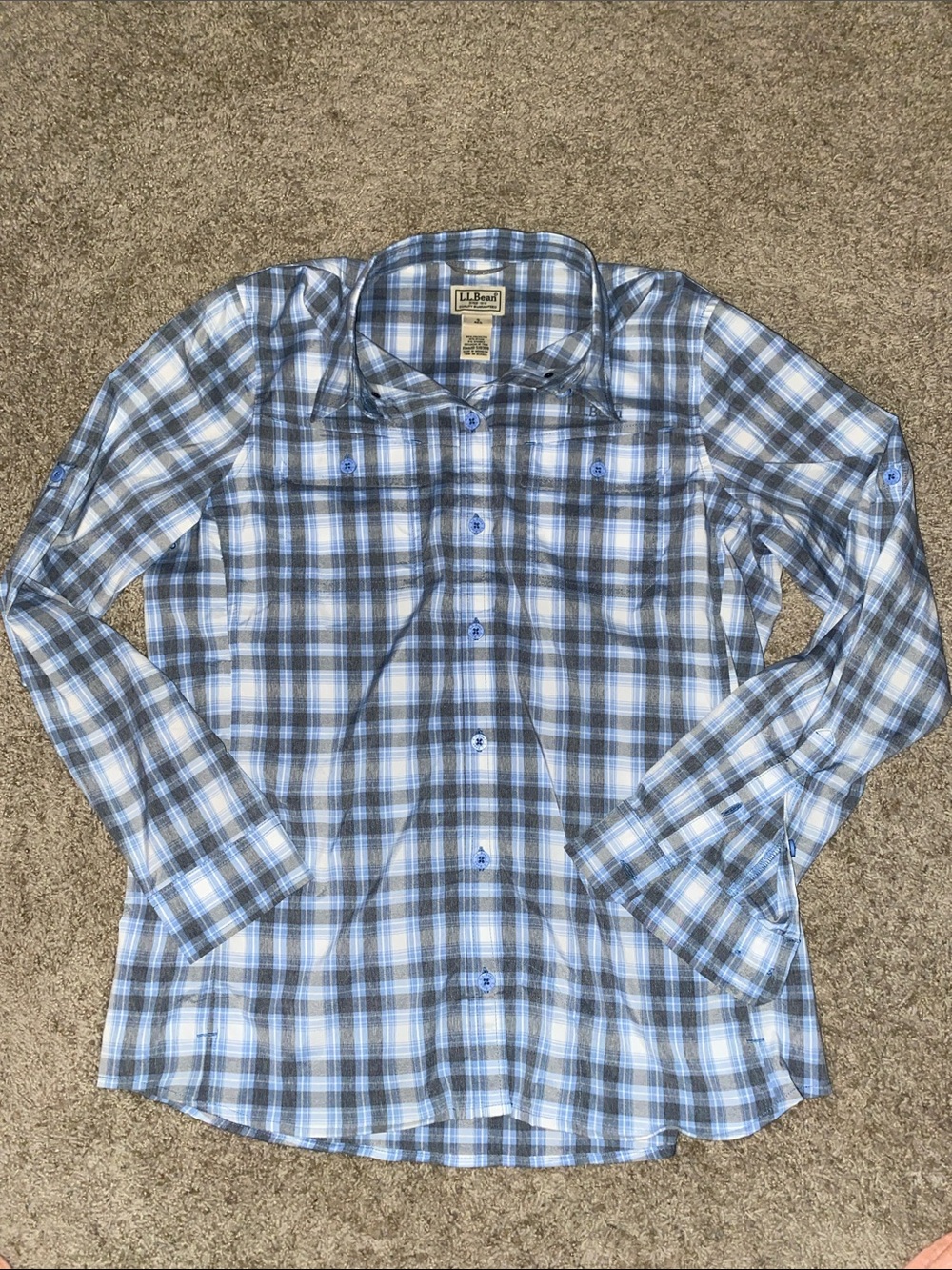 L.L. Bean Blue and Gray Plaid Women's Button-Down Shirt